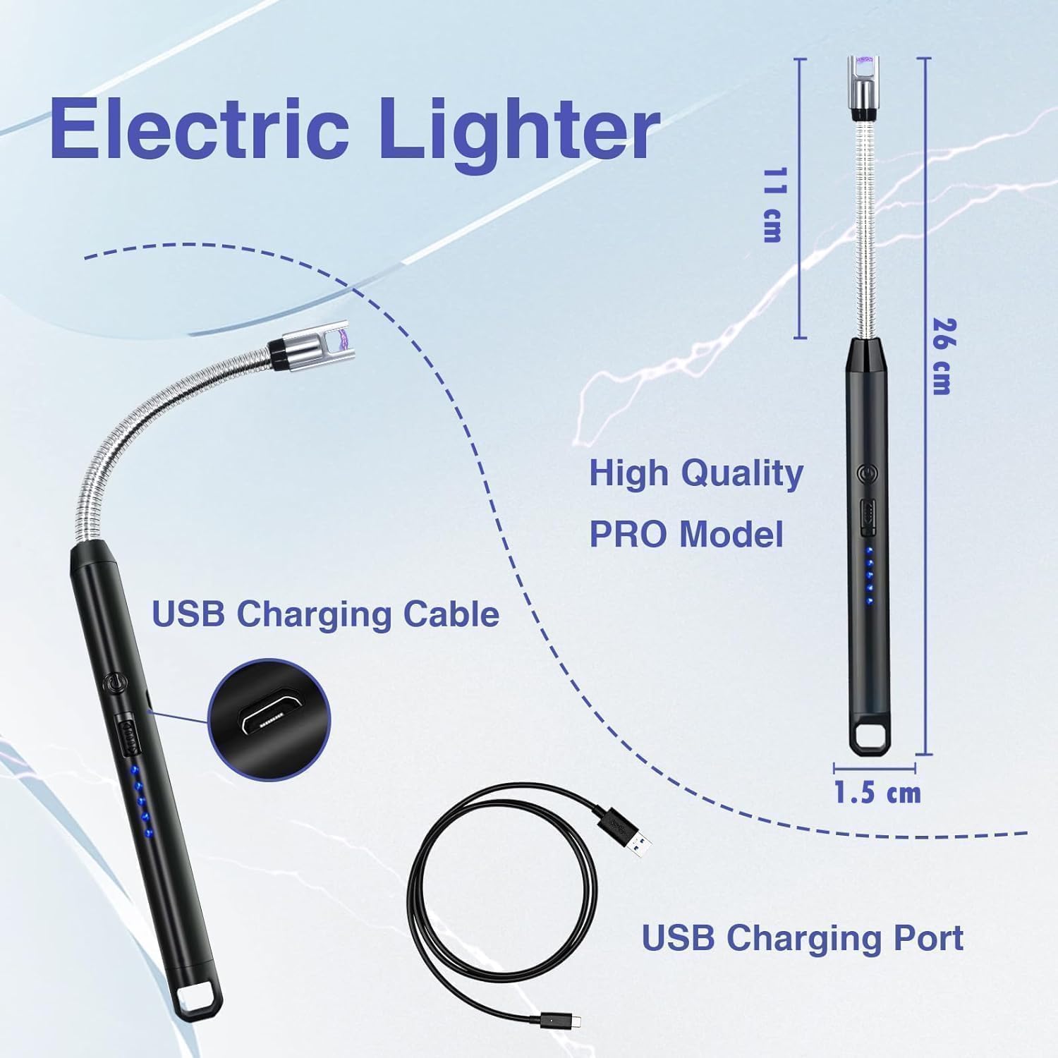 Gas Lighter for Kitchen Use | C-Type Rechargeable Electric Lighter Stove & Candle Lighter with USB Charging Port | 400 Uses in Single Charge (Pack of 1)(1 Adhesive Hooks Free)