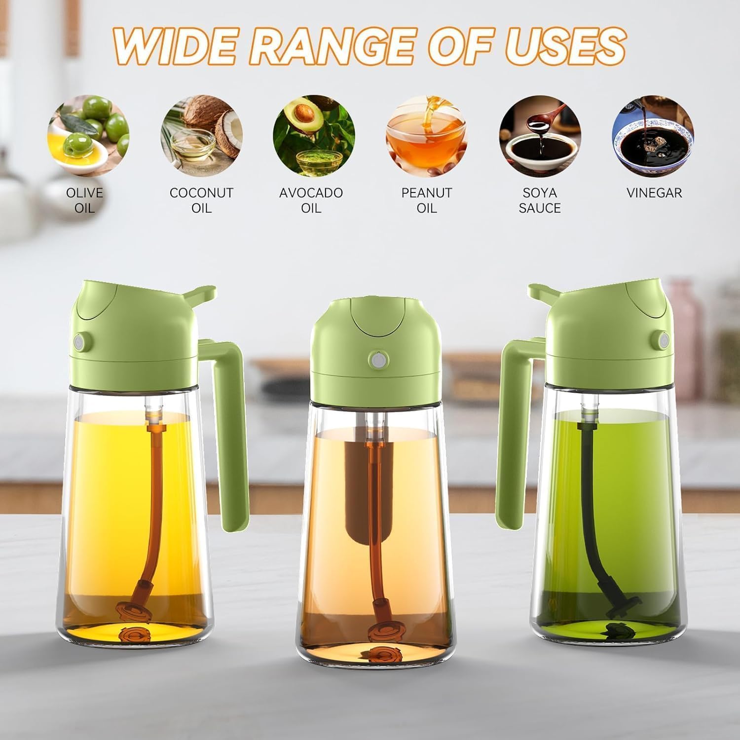 2 in 1 Oil Dispenser for Kitchen Gadgets, Air Fryer, Salad, and BBQ - Green, Glass 470ml