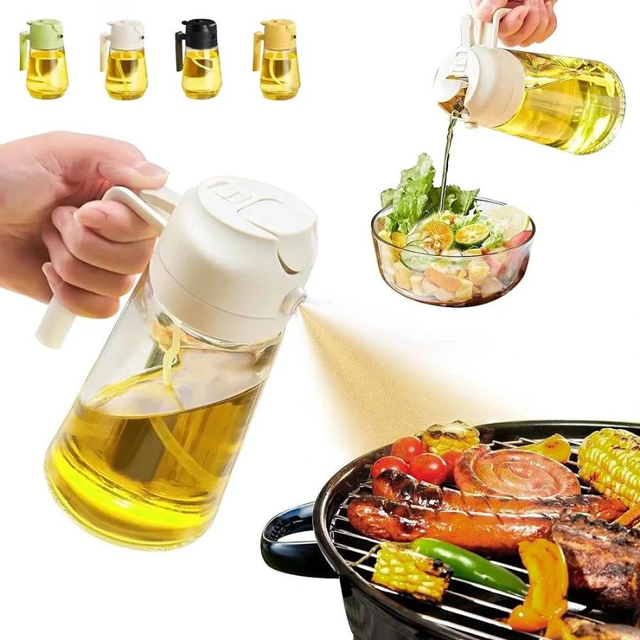 2 in 1 Oil Dispenser for Kitchen Gadgets, Air Fryer, Salad, and BBQ - Green, Glass 470ml