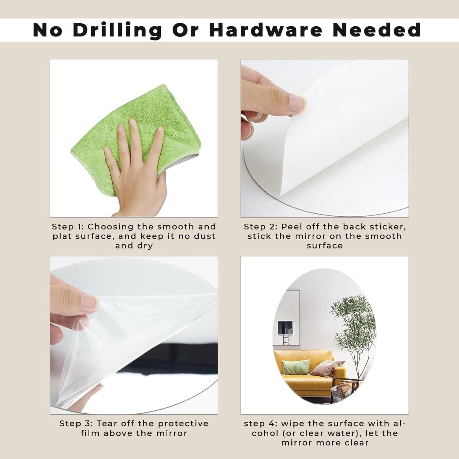 Self Adhesive Plastic Oval Mirror for Wall