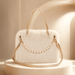 **Women’s elegant faux fur crossbody handbag with golden-tone buckle and chain strap**