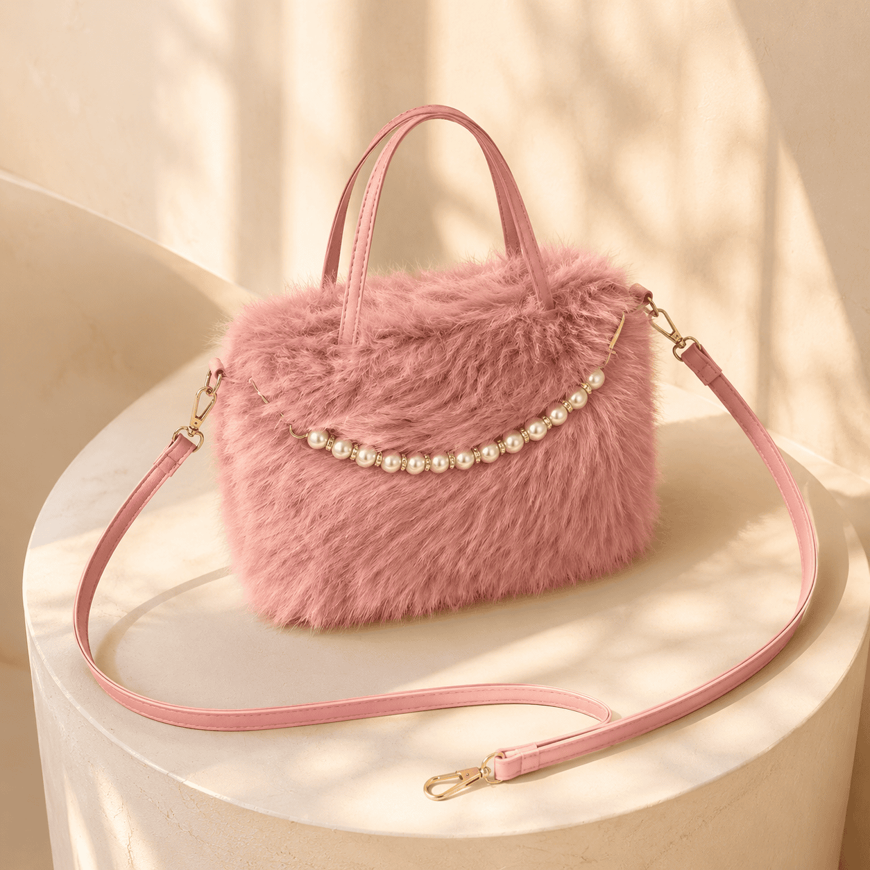 Pink Women’s Elegant Faux Fur Crossbody Handbag with Golden Chain Strap