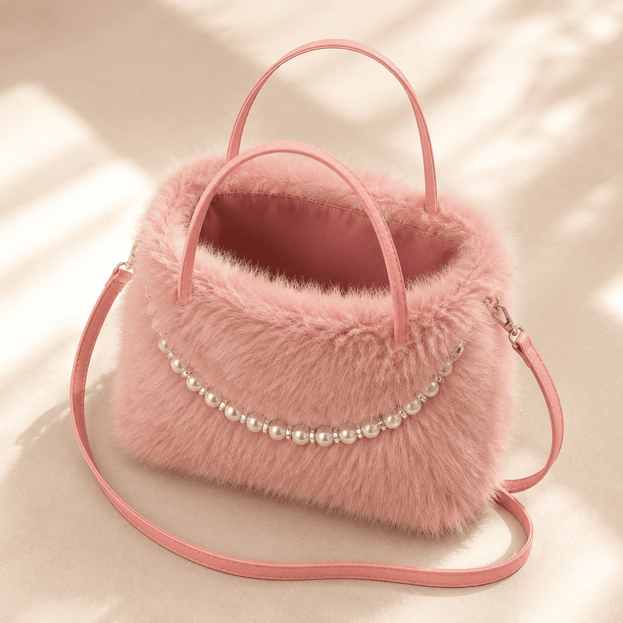 Pink Women’s Elegant Faux Fur Crossbody Handbag with Golden Chain Strap