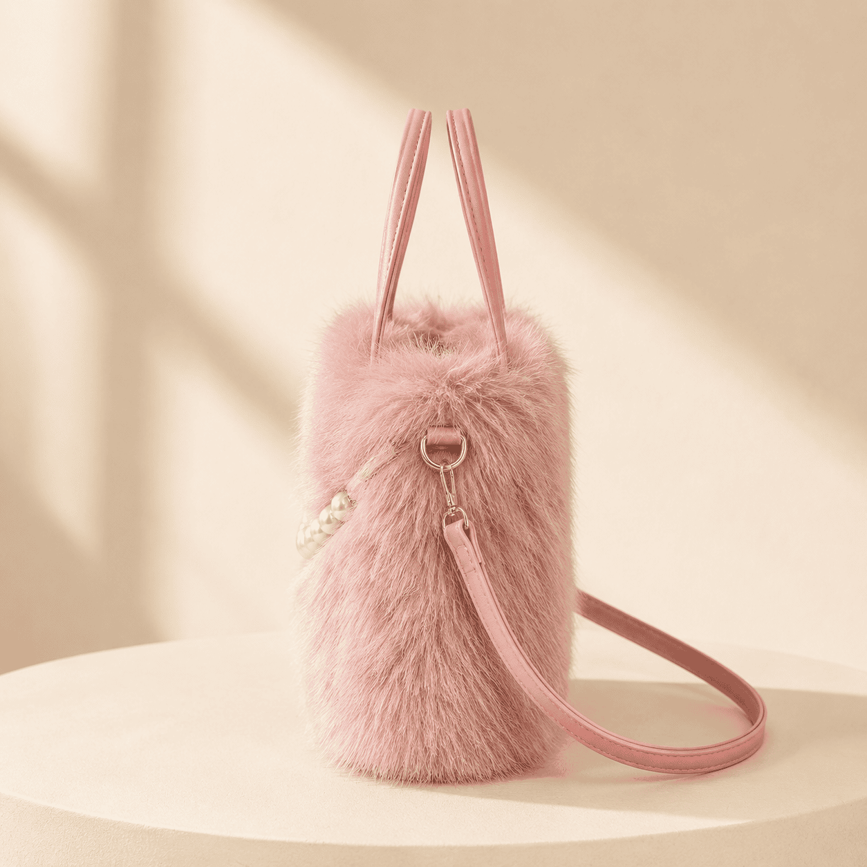 Pink Women’s Elegant Faux Fur Crossbody Handbag with Golden Chain Strap