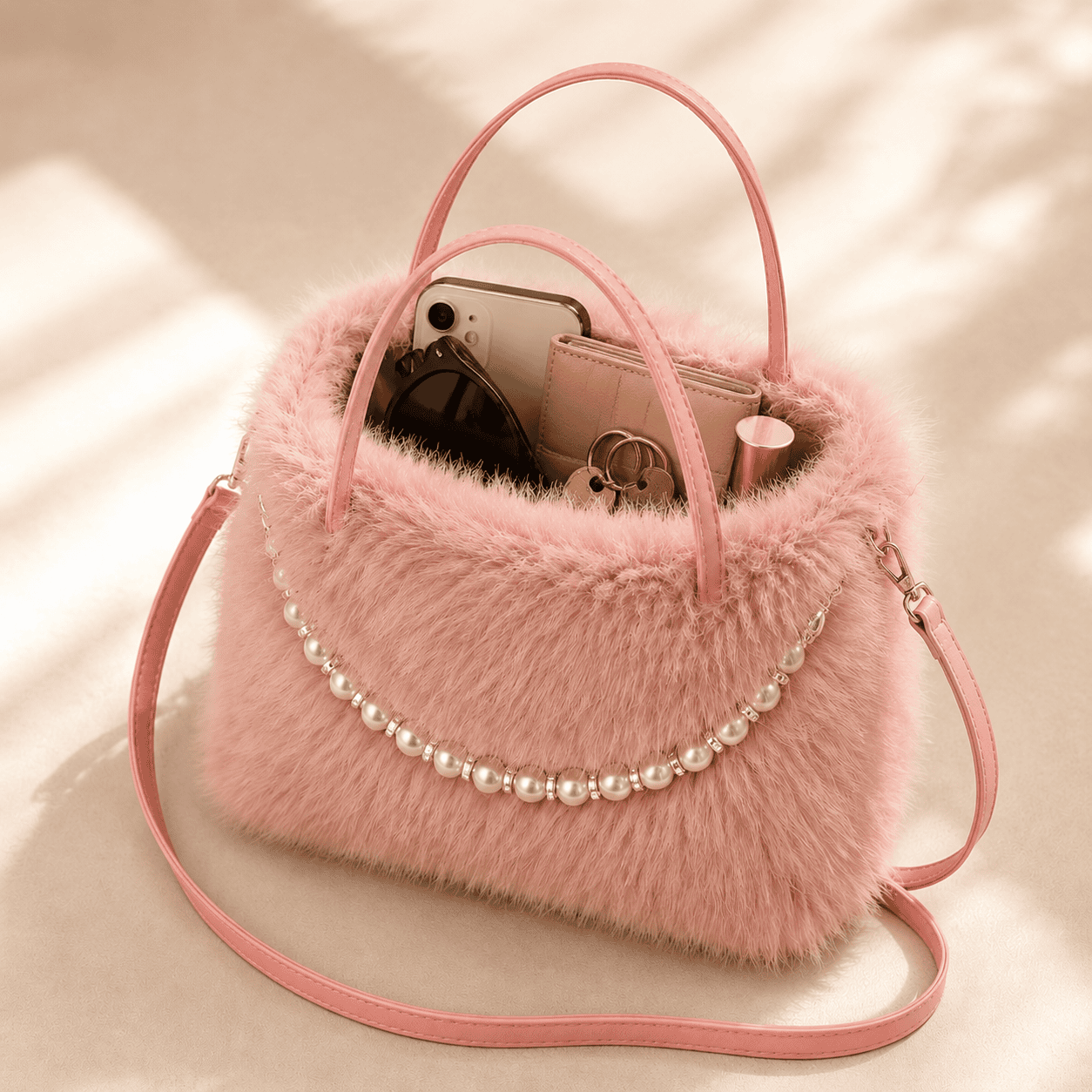 Pink Women’s Elegant Faux Fur Crossbody Handbag with Golden Chain Strap