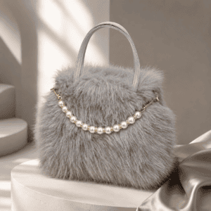 Grey colour Women’s Elegant Faux Fur Crossbody Handbag with Golden Chain Strap