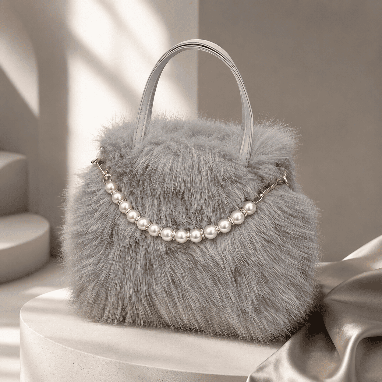 Grey colour Women’s Elegant Faux Fur Crossbody Handbag with Golden Chain Strap