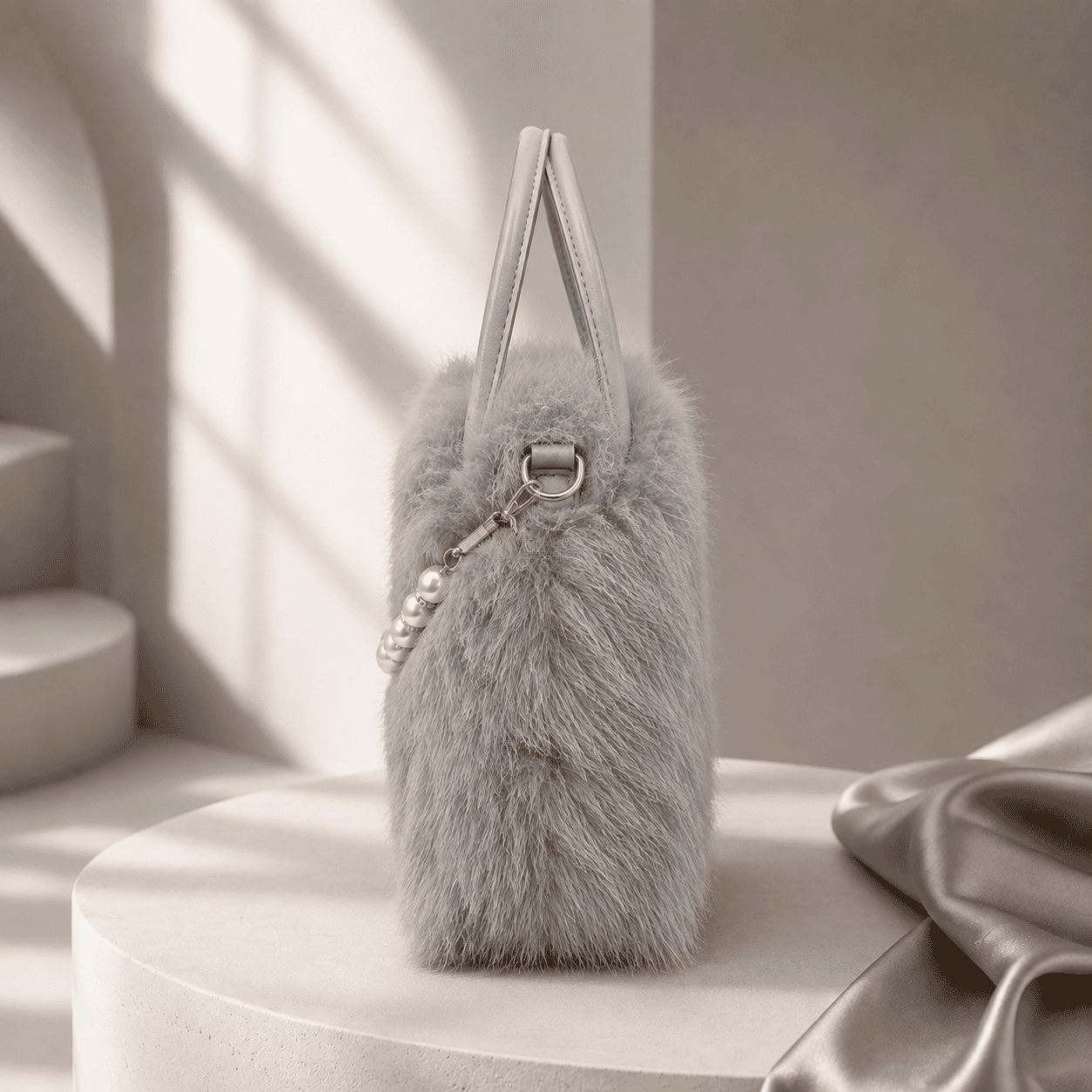 Grey colour Women’s Elegant Faux Fur Crossbody Handbag with Golden Chain Strap
