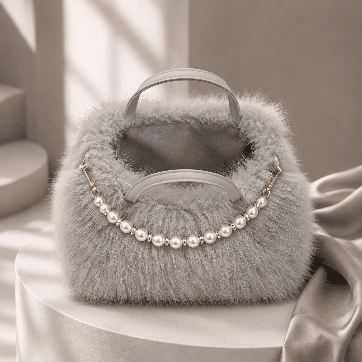 Grey colour Women’s Elegant Faux Fur Crossbody Handbag with Golden Chain Strap