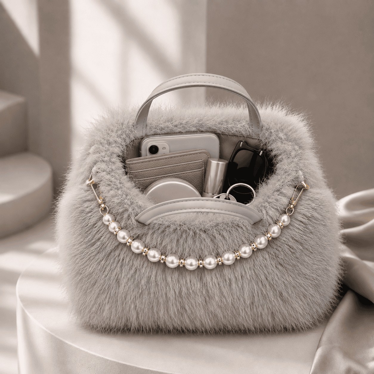 Grey colour Women’s Elegant Faux Fur Crossbody Handbag with Golden Chain Strap