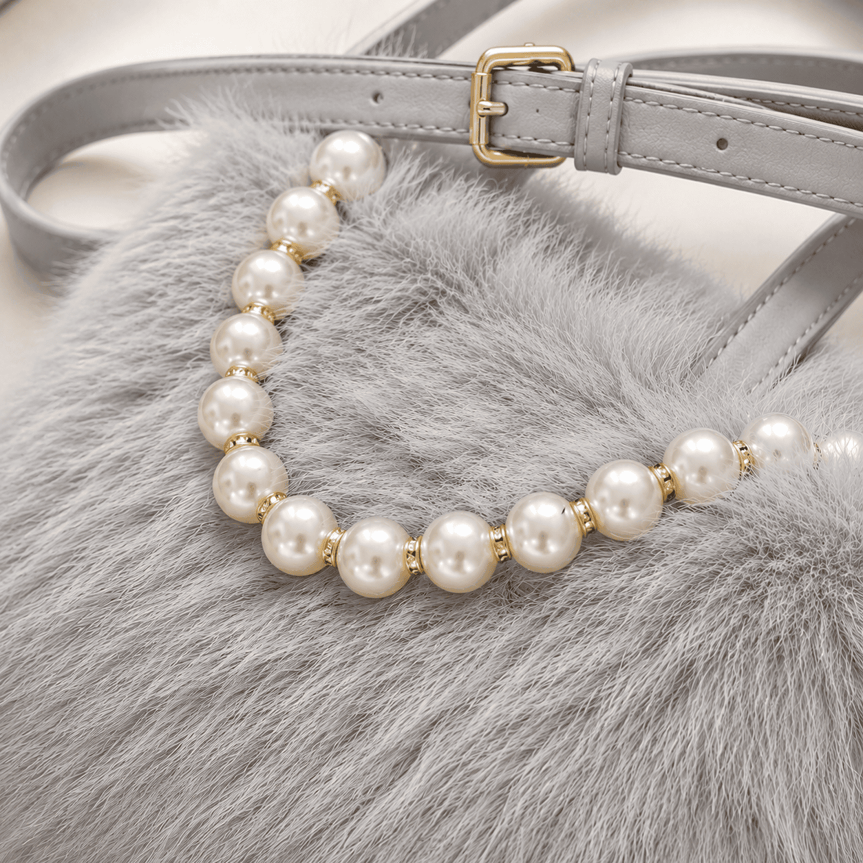 Grey colour Women’s Elegant Faux Fur Crossbody Handbag with Golden Chain Strap