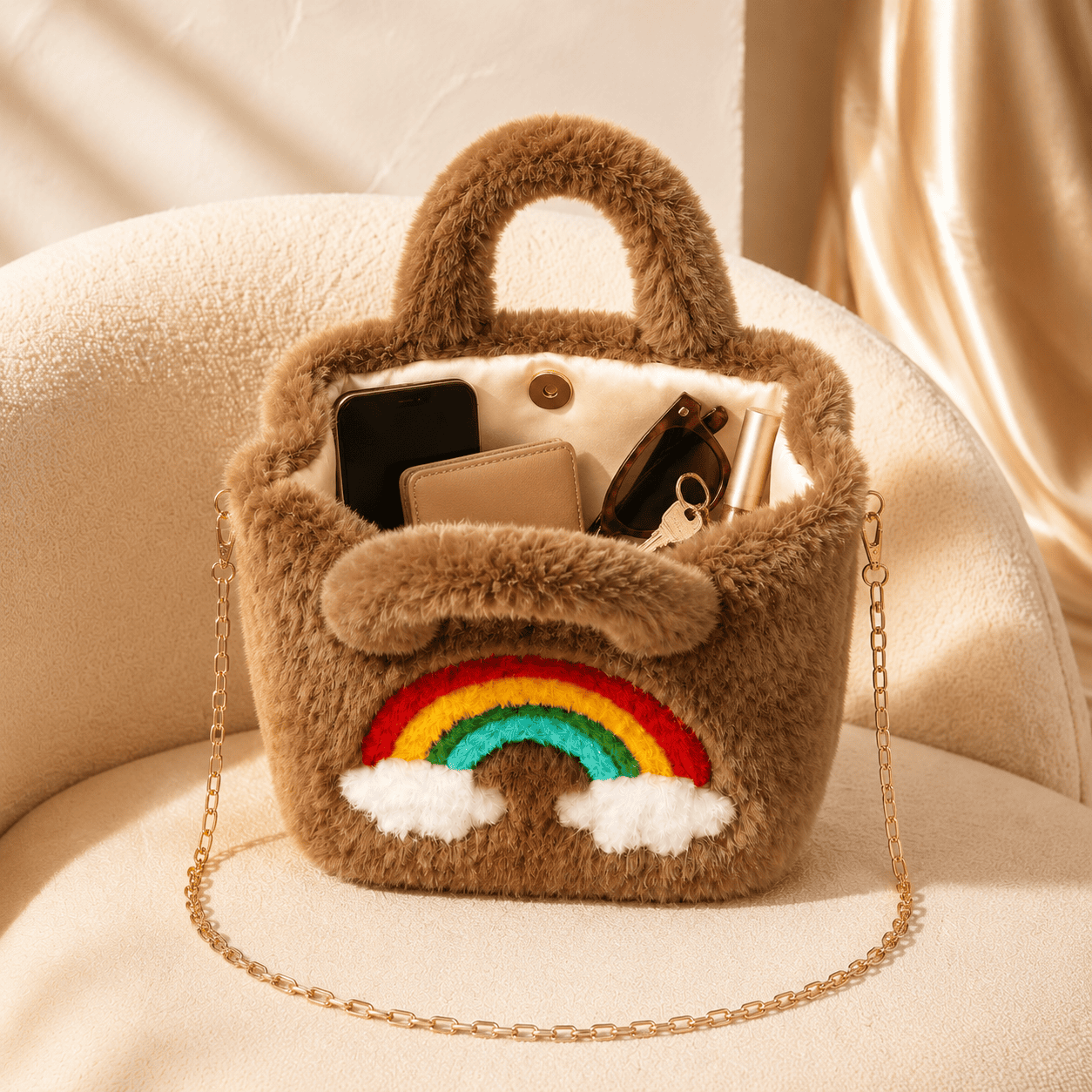 Brown Colour Plush Rainbow Dreams Mini Tote Bag – Soft Grey Faux-Fur Crossbody