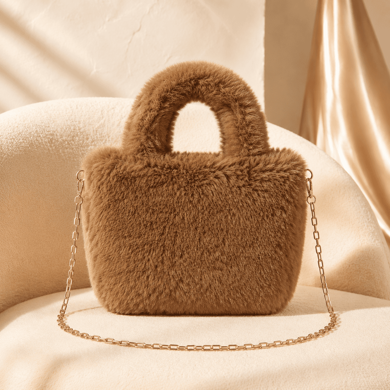 Brown Colour Plush Rainbow Dreams Mini Tote Bag – Soft Grey Faux-Fur Crossbody