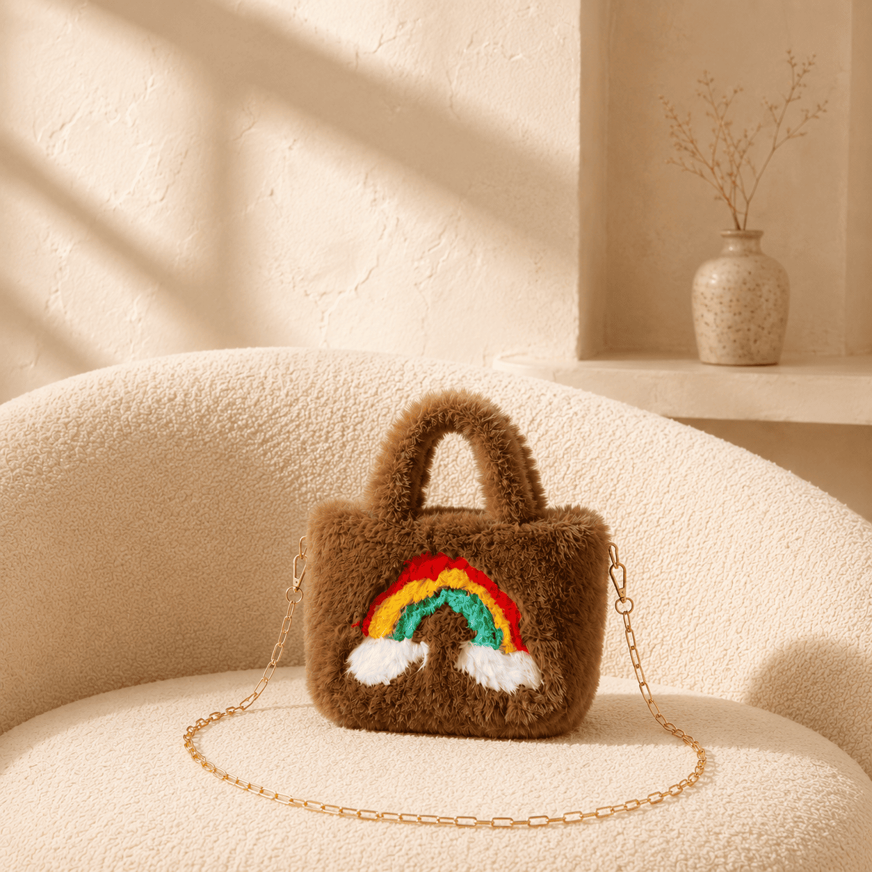 Brown plush rainbow mini tote bag in faux fur with removable gold crossbody chain.