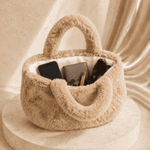Plush Cloud Mini Tote – Beige Faux-Fur Handbag