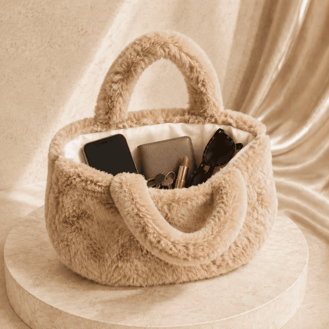 Plush Cloud Mini Tote – Beige Faux-Fur Handbag