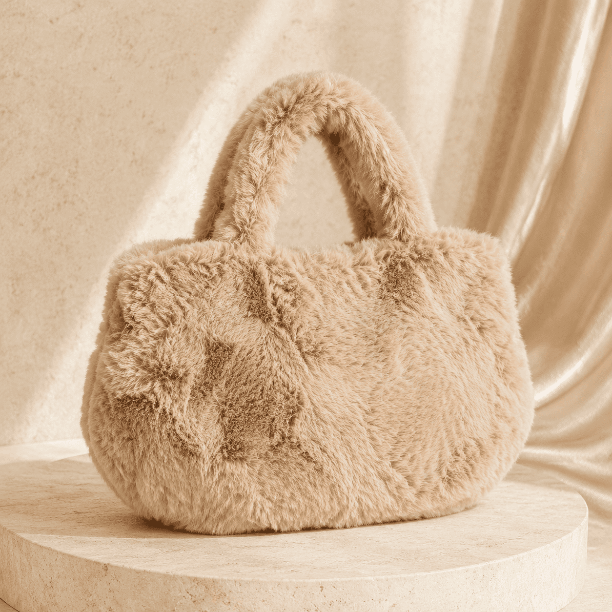 Plush Cloud Mini Tote – Beige Faux-Fur Handbag