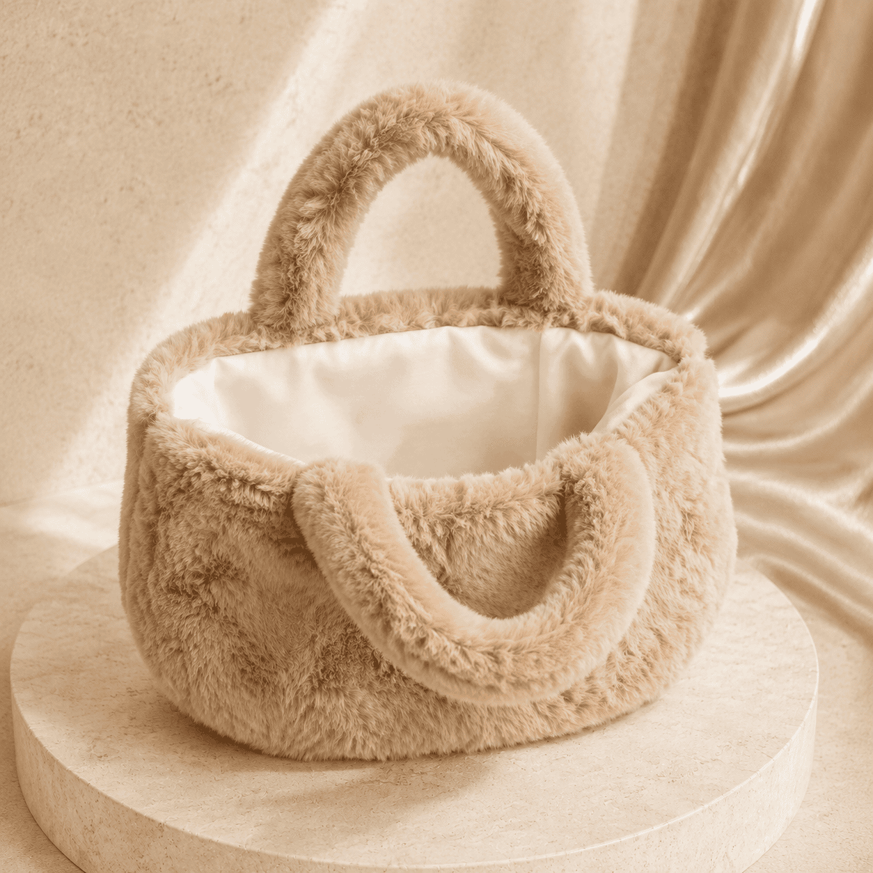 Plush Cloud Mini Tote – Beige Faux-Fur Handbag