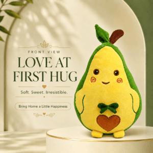Right-side view of a cute green and yellow fruit-shaped plush toy with a stem and leaf accent, standing on a cream display pedestal against an arched background.