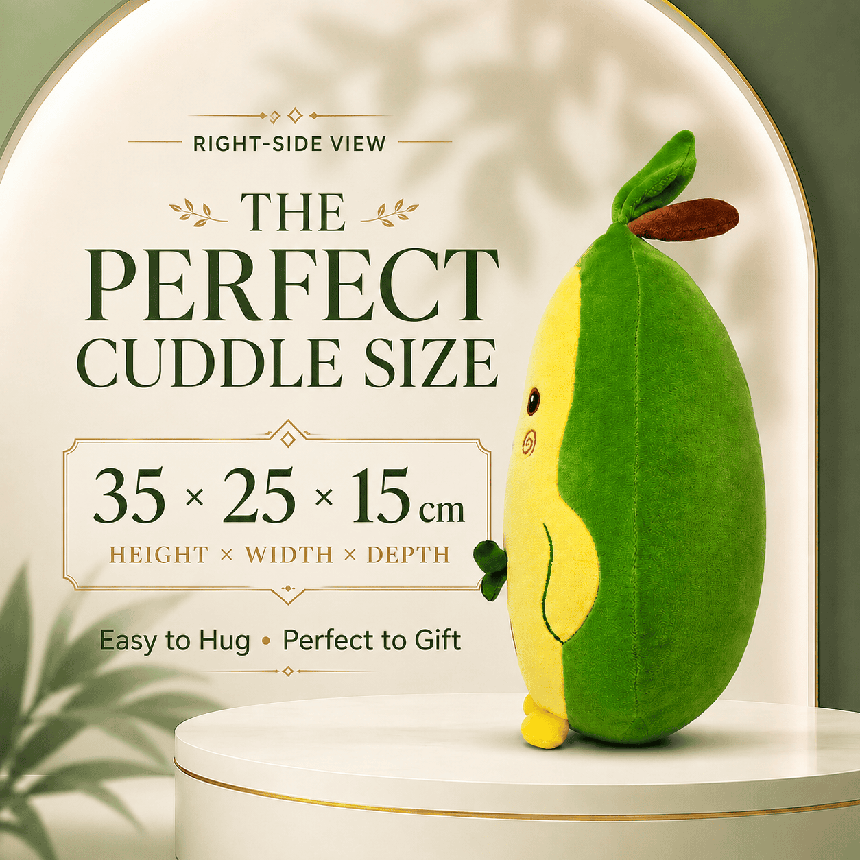 Adorable Green and Yellow Fruit Plush Toy with Stem and Leaf Accents