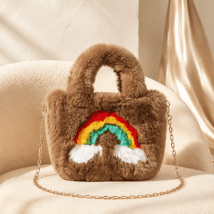 Brown Colour Plush Rainbow Dreams Mini Tote Bag – Soft Grey Faux-Fur Crossbody