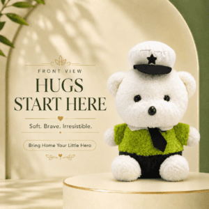 Front view of a white bear plush toy wearing a green uniform, black tie, and a white captain hat with a star, sitting on a cream display pedestal against an arched background.