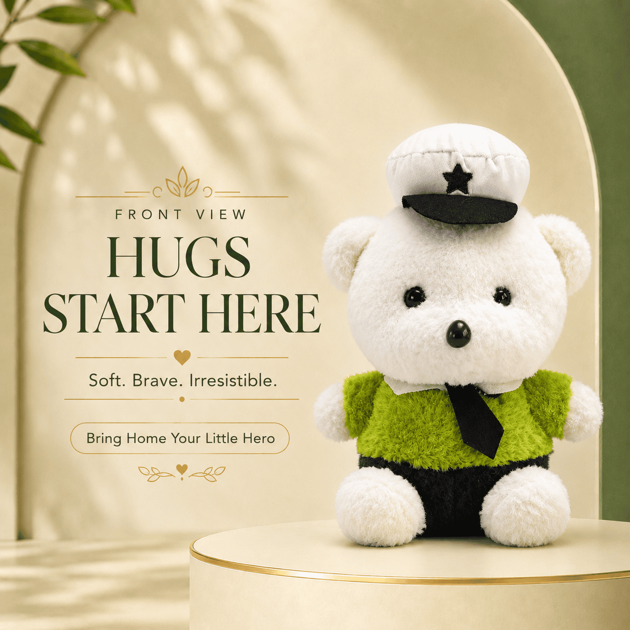 Front view of a white bear plush toy wearing a green uniform, black tie, and a white captain hat with a star, sitting on a cream display pedestal against an arched background.