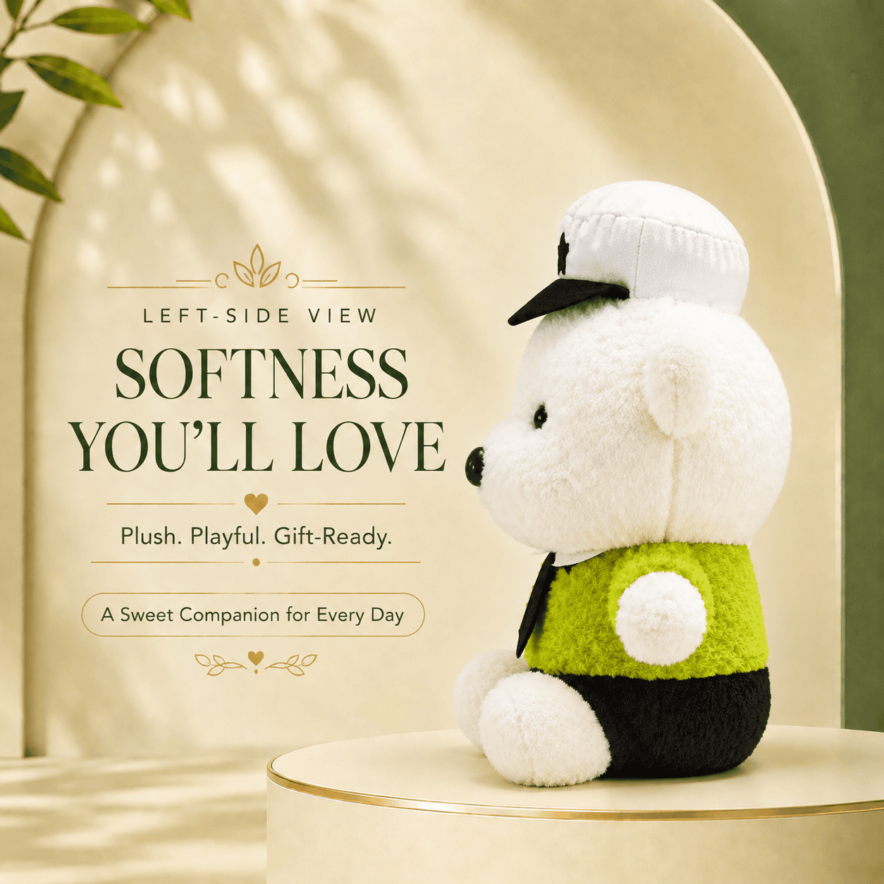 Adorable White Bear Plush Toy Dressed in Green Uniform with Captain Hat