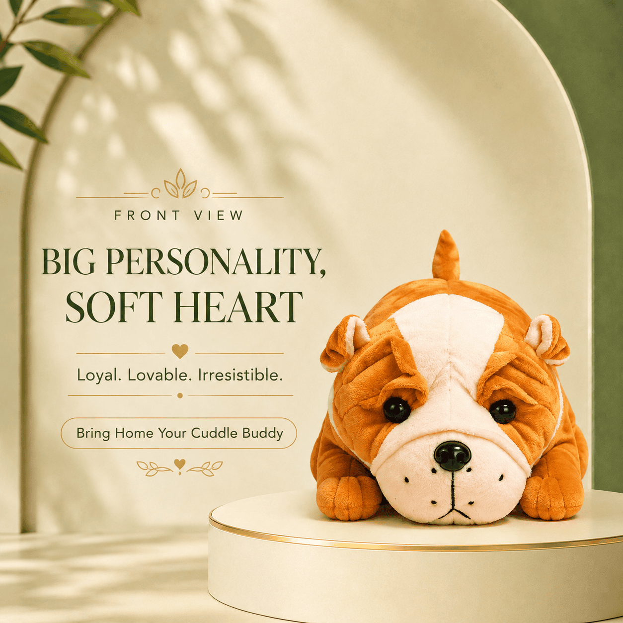 Right-side view of a cute lying brown and white bulldog plush toy resting on a cream-colored display pedestal against a soft arched background.