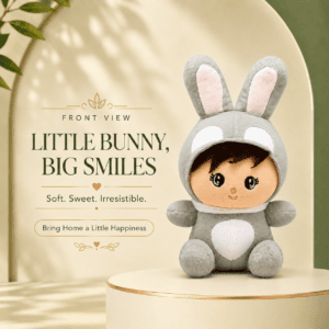 Right-side view of a cute plush doll wearing a grey bunny onesie with long ears, sitting on a cream display pedestal under soft lighting.