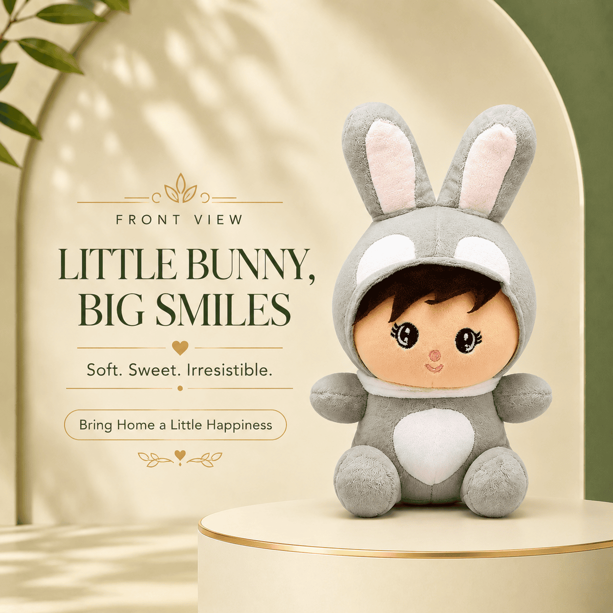 Right-side view of a cute plush doll wearing a grey bunny onesie with long ears, sitting on a cream display pedestal under soft lighting.