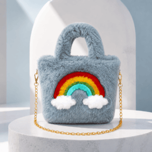 Grey Colour Rainbow Dreams Mini Tote Bag – Soft Grey Faux-Fur Crossbody