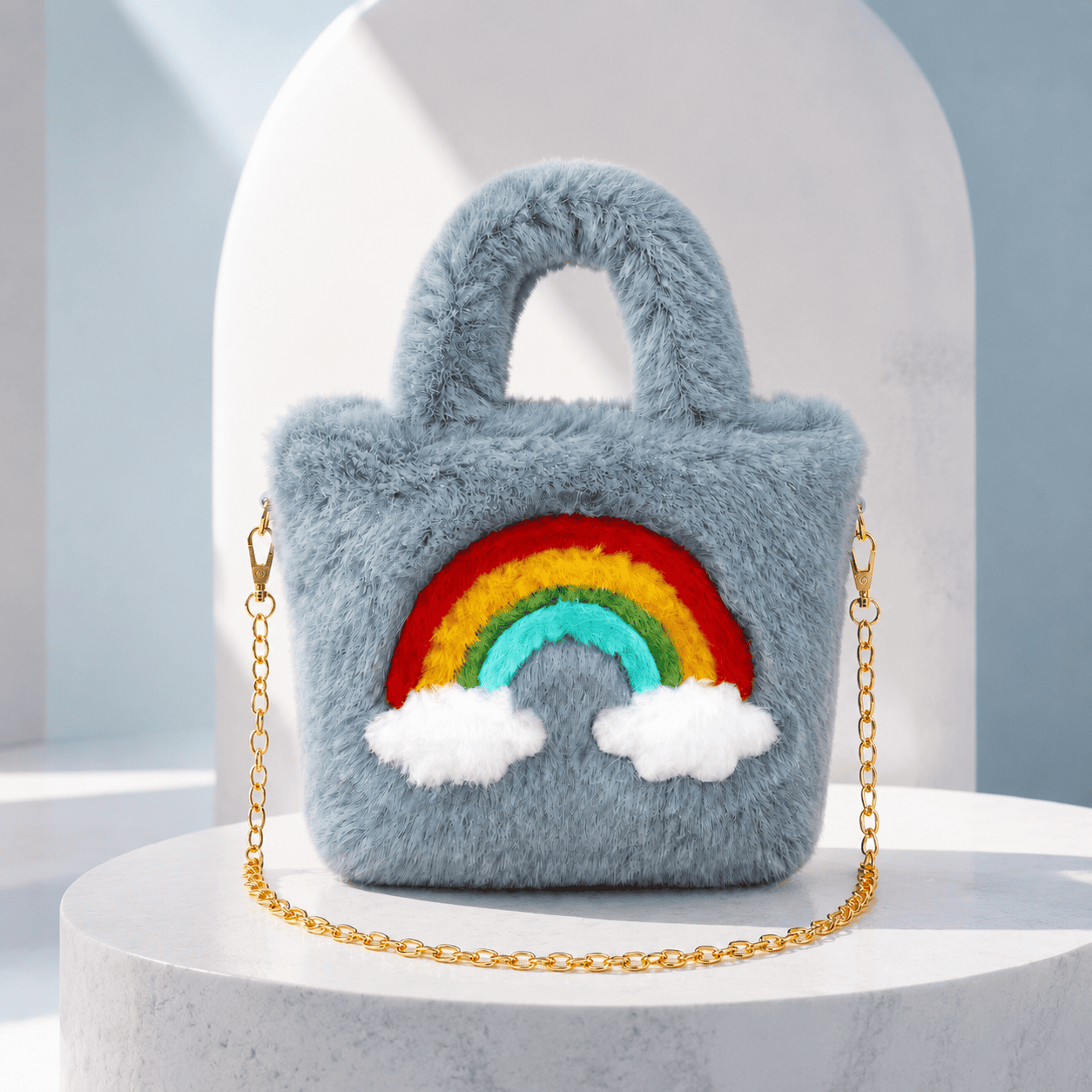Grey Colour  Rainbow Dreams Mini Tote Bag – Soft Grey Faux-Fur Crossbody