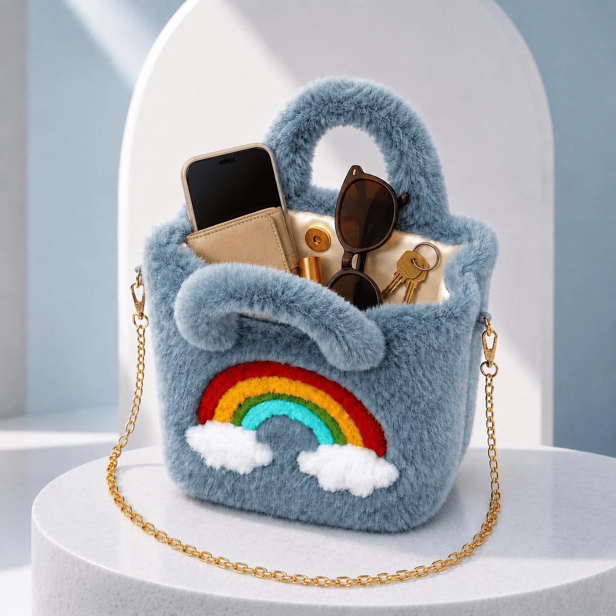 Grey Colour  Rainbow Dreams Mini Tote Bag – Soft Grey Faux-Fur Crossbody