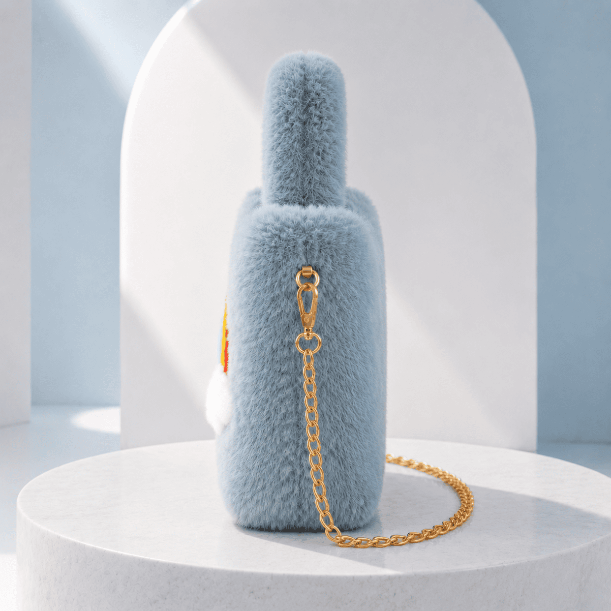 Grey Colour  Rainbow Dreams Mini Tote Bag – Soft Grey Faux-Fur Crossbody