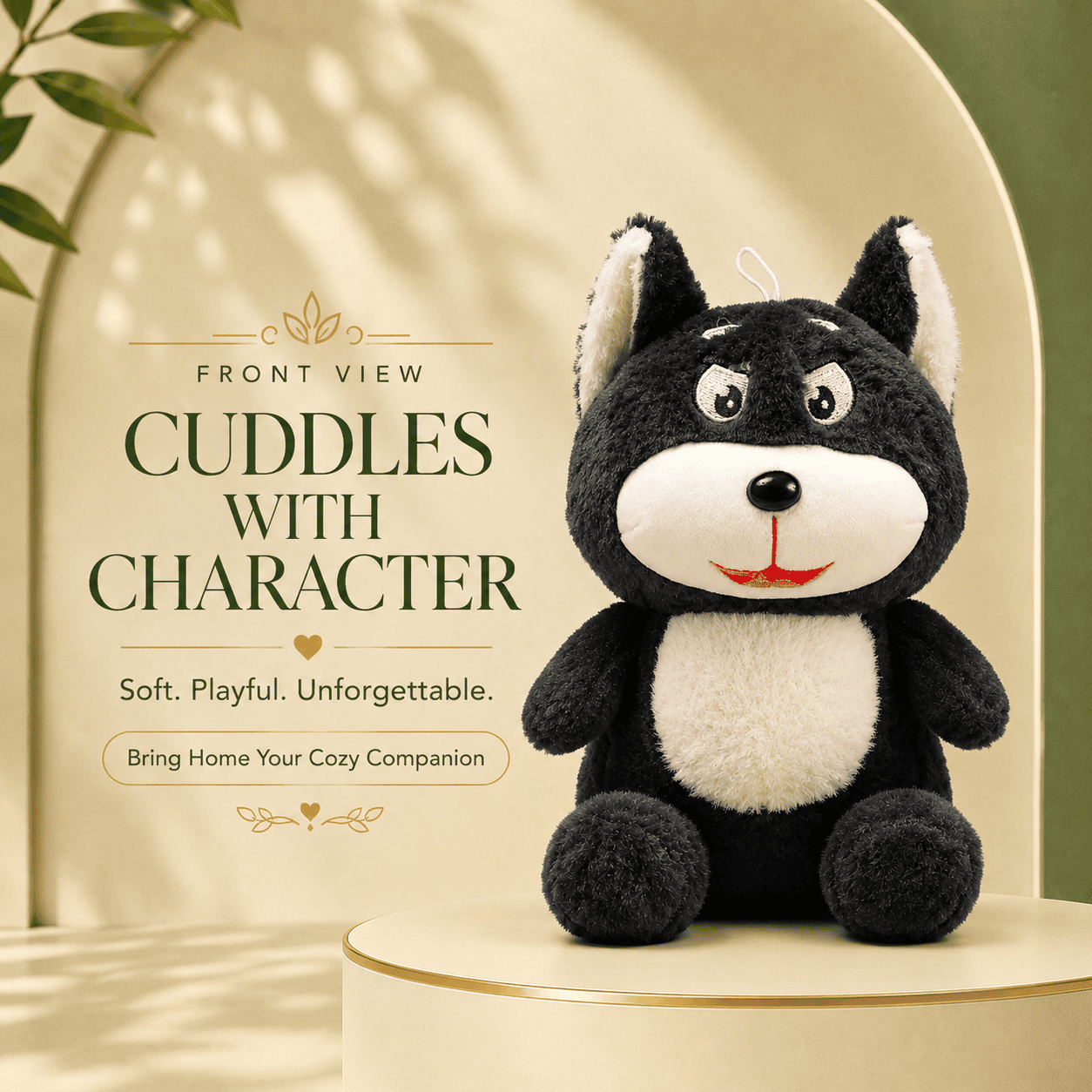 Front view of an adorable black and white plush toy with expressive eyes and soft furry texture sitting on a cream-colored display pedestal.