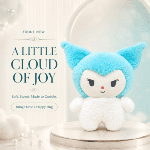 Right-side view of a fluffy aqua-blue and white plush toy with long ears standing on a cream-toned pedestal decorated with pearls and soft clouds in the background.