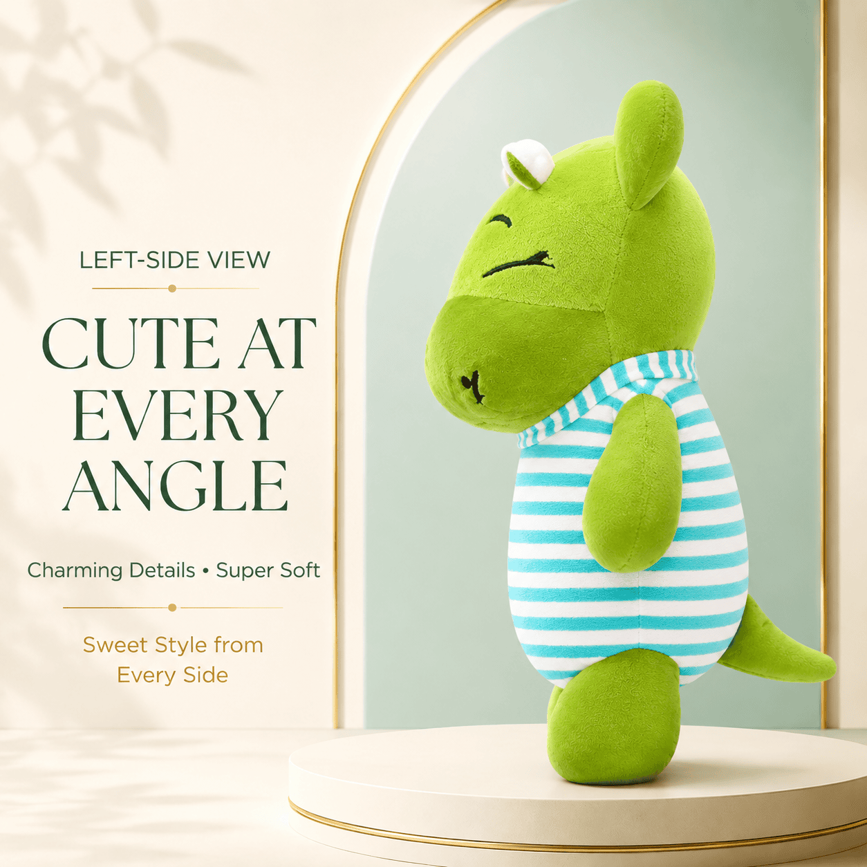 Sleepy Green Hippo Plush Toy in Blue and White Striped Shirt