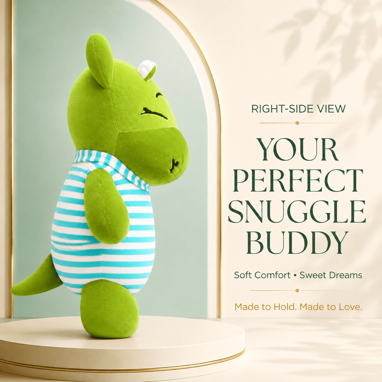 Sleepy Green Hippo Plush Toy in Blue and White Striped Shirt