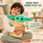 Young boy hugging a 35cm mint-green space alien plush toy wearing a beige robe.