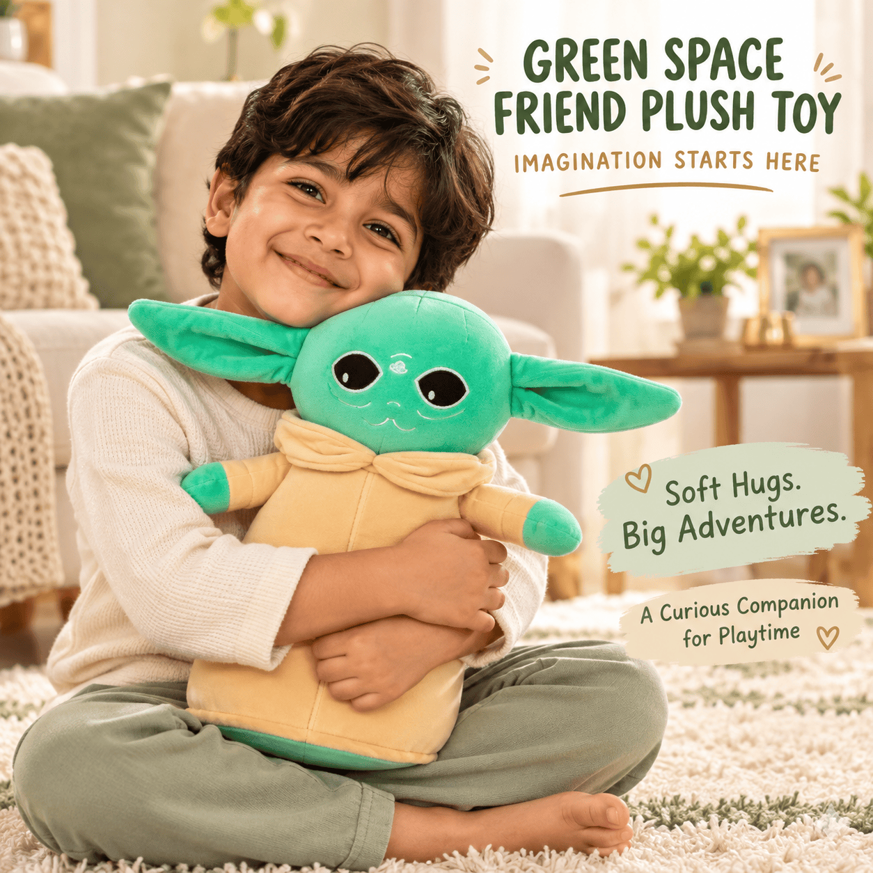 Young boy hugging a 35cm mint-green space alien plush toy wearing a beige robe.