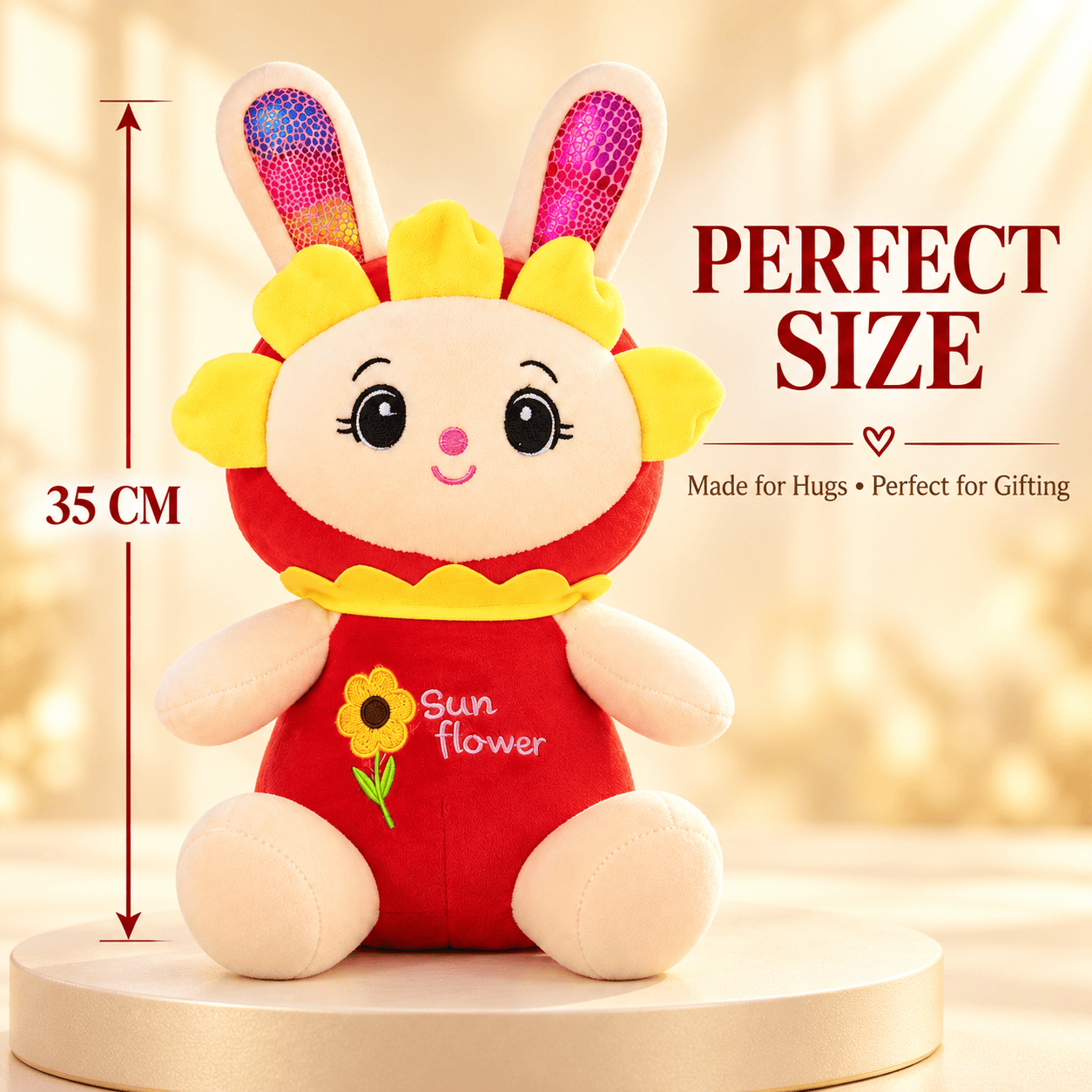 Front view of a 35cm red sunflower bunny plush toy with bright yellow petals and metallic shimmer ears sitting on a display stand.