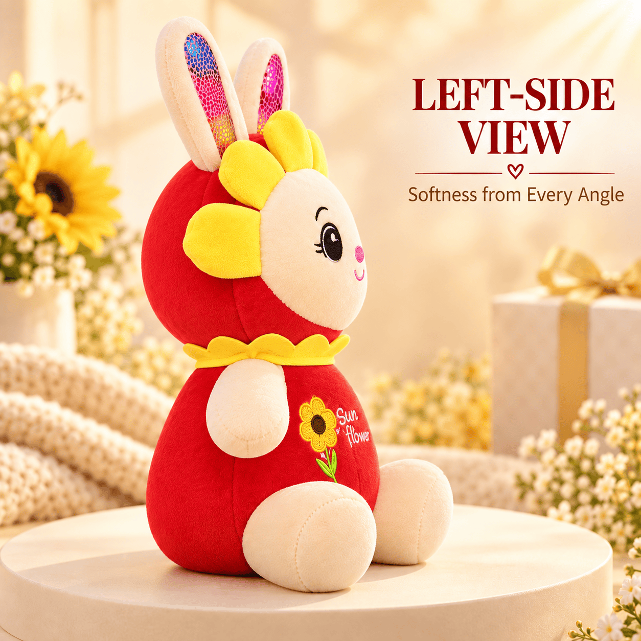 Red Sunflower Bunny Plush Toy – 35cm Soft Floral Rabbit Stuffed Animal with Shimmer Ears