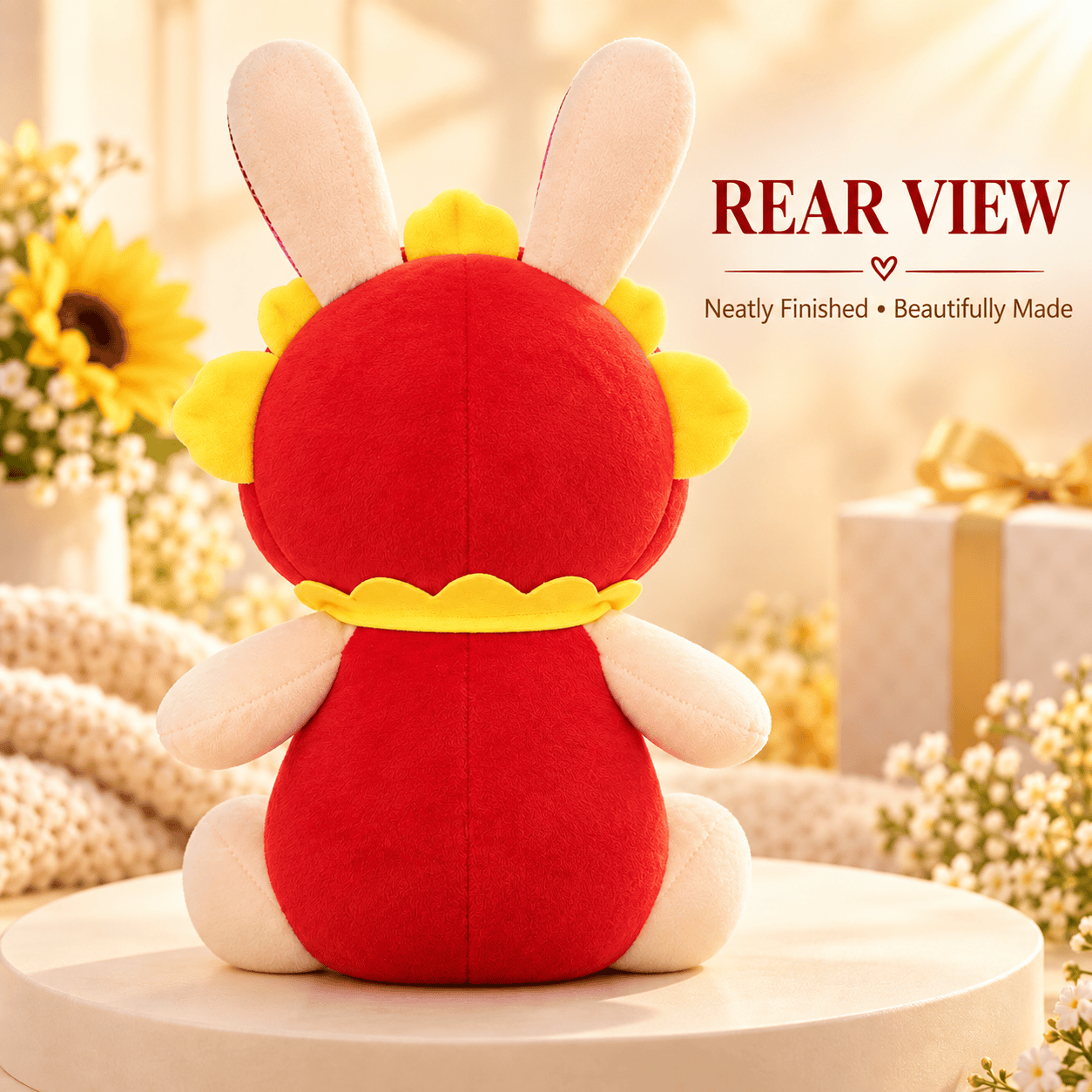 Red Sunflower Bunny Plush Toy – 35cm Soft Floral Rabbit Stuffed Animal with Shimmer Ears