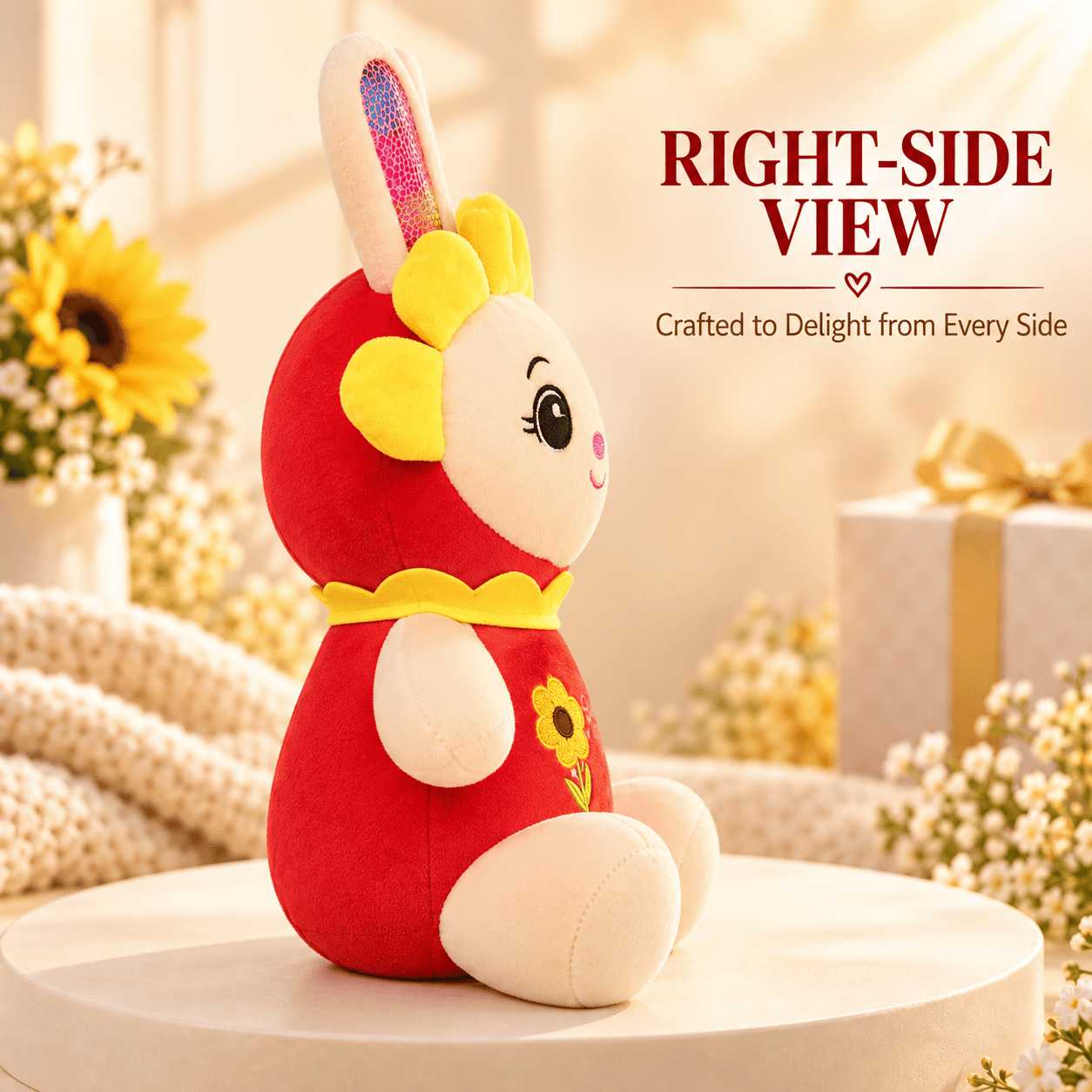 Red Sunflower Bunny Plush Toy – 35cm Soft Floral Rabbit Stuffed Animal with Shimmer Ears