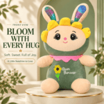 Front view of a sunflower bunny plush toy with yellow flower petals, shimmering ears, and olive-green body.