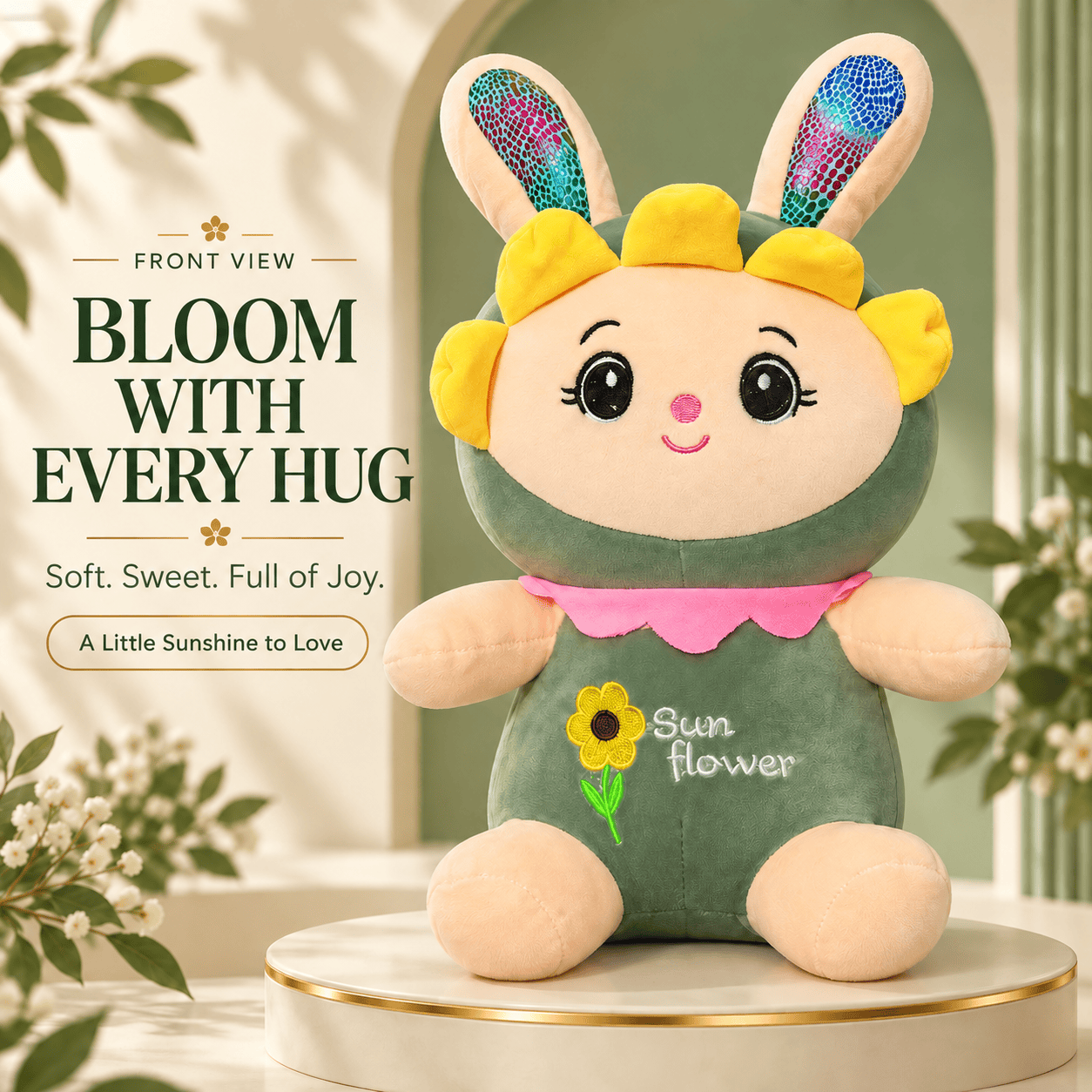 Front view of a sunflower bunny plush toy with yellow flower petals, shimmering ears, and olive-green body.