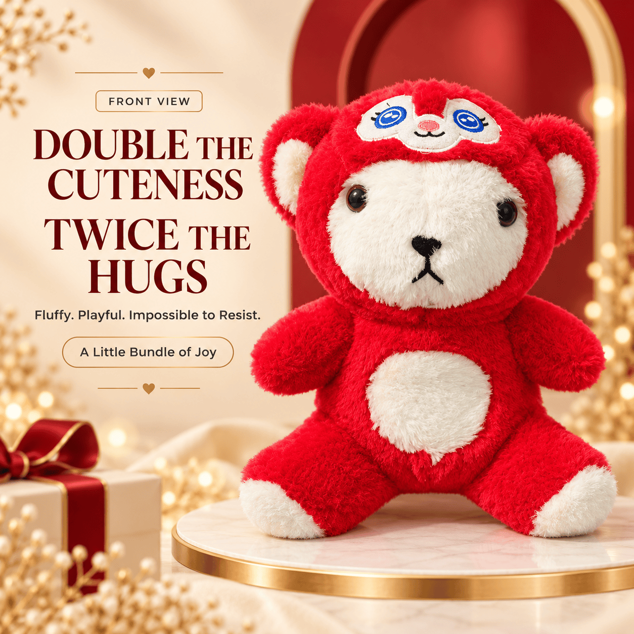 Front view of a fluffy red plush bear wearing a character hood with an embroidered face emblem sitting on a marble display.