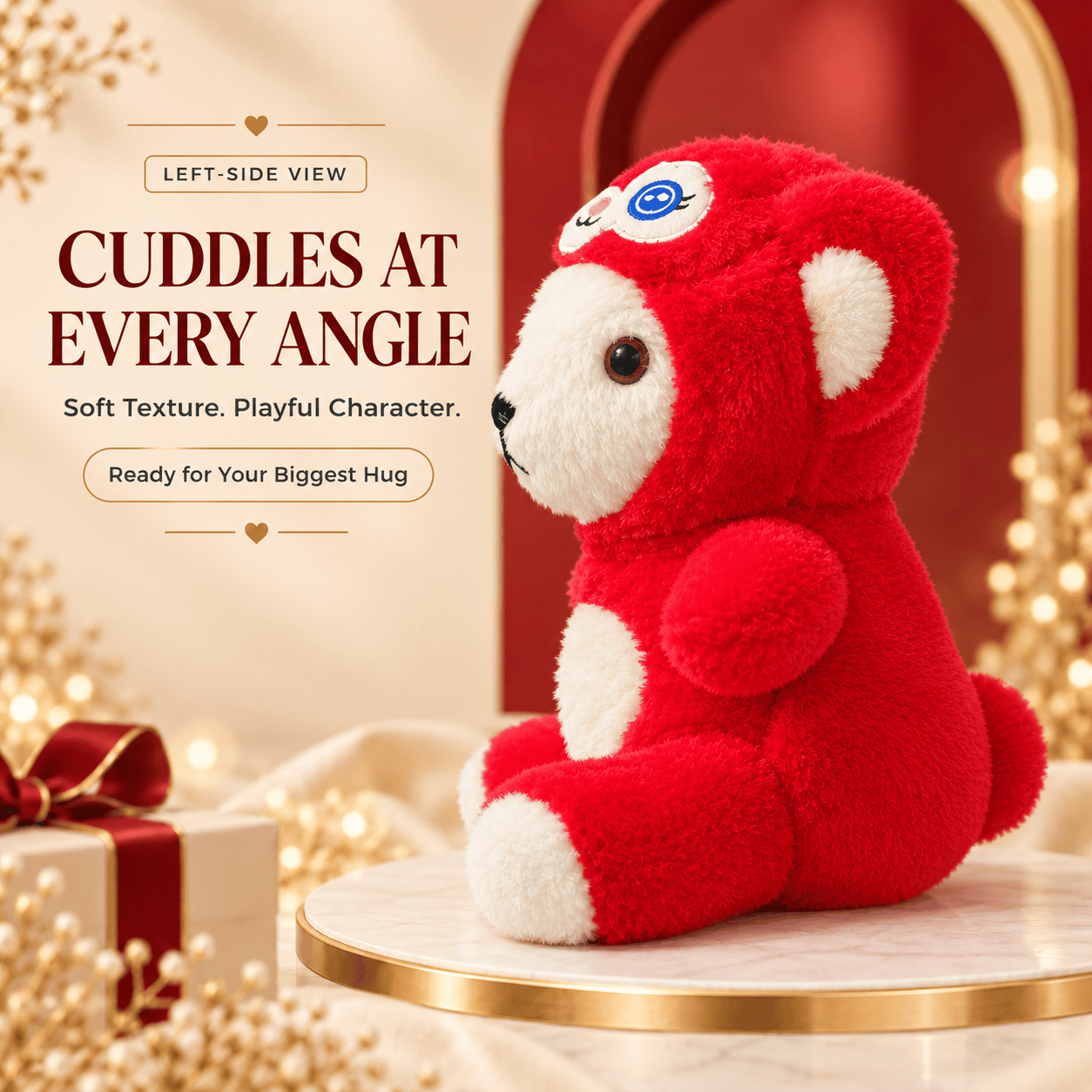 Red Bear in Character Hood Plush – Fluffy Dual-Character Stuffed Animal