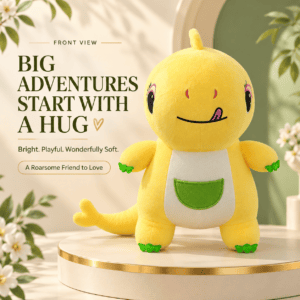 Front view of a sunny yellow dinosaur plush toy with a green belly pocket and green claws standing on a display pedestal.